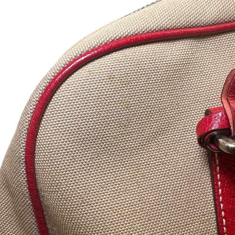 Prada Cinghiale Trimmed Canapa Bowler Bag<br />
<br />
Factory Code: 31<br />
<br />
Dimensions: 13 L x 7 H inches<br />
<br />
In very good condition. Some scratches on the leather.<br />
<br />
Comes with the original dust bag and box.