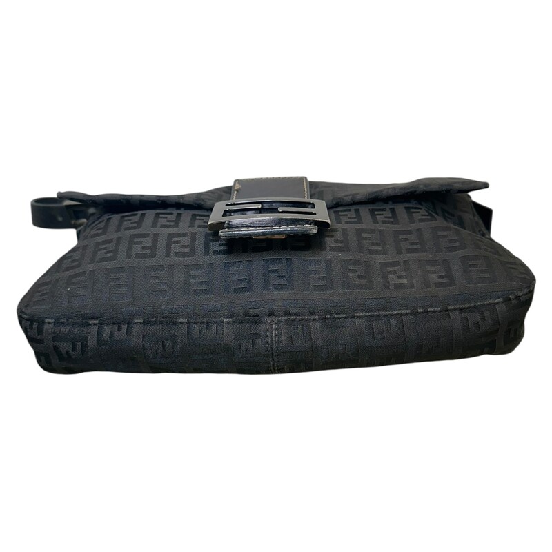 Fendi Baguette Zucca Black Shoulder Bag<br />
<br />
Dimensions: 10 L x 6 H inches<br />
<br />
In good condition. Some scratching of the hardware and<br />
some kinking of the strap.<br />
<br />
Does not come with the original dust bag or box