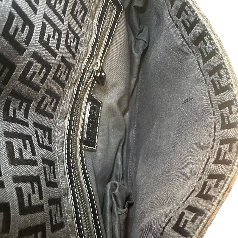 Fendi Baguette Zucca Black Shoulder Bag<br />
<br />
Dimensions: 10 L x 6 H inches<br />
<br />
In good condition. Some scratching of the hardware and<br />
some kinking of the strap.<br />
<br />
Does not come with the original dust bag or box