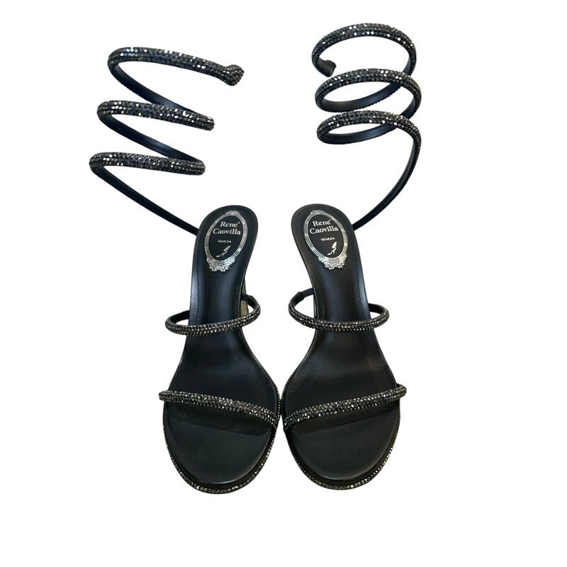 Rene Caovilla Cleo Heels<br />
<br />
 Dark Grey Black<br />
<br />
 Size: 37.5<br />
<br />
In very good condition. Some wear on soles and bottoms.<br />
<br />
Comes with original box.