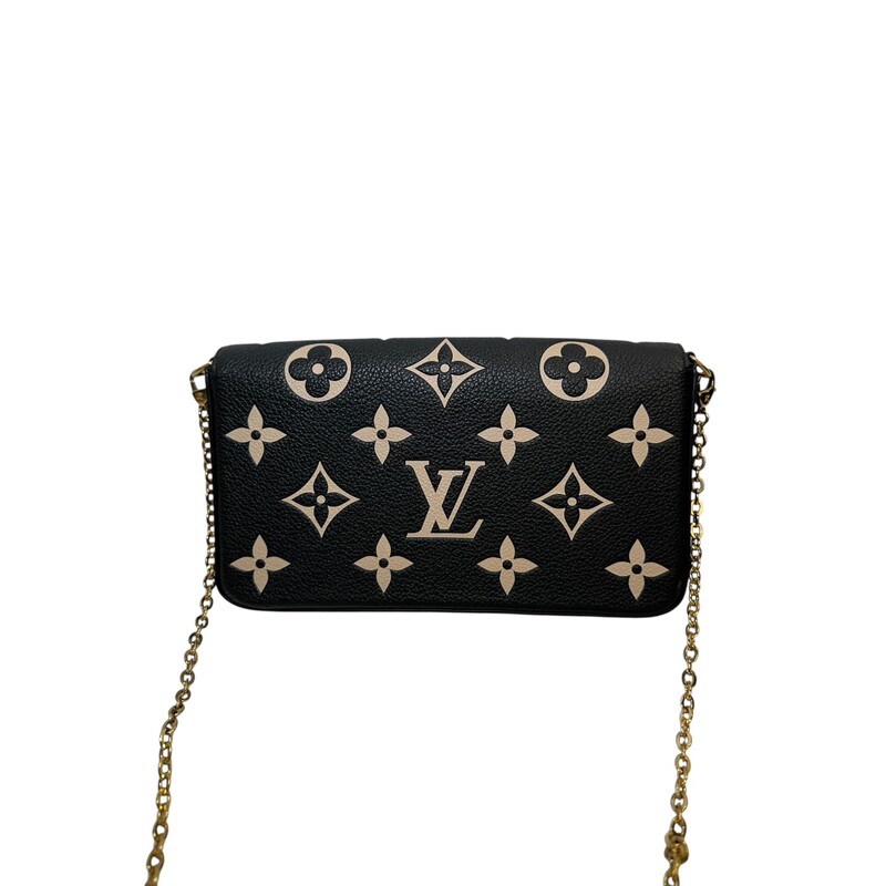 Louis Vuitton Felicie Black BiColor<br />
<br />
Chipped<br />
<br />
Dimensions:<br />
8.3 x 4.7 x 1.2 inches<br />
(Length x Height x Width)<br />
<br />
In very good condition. Light wear to the hardware. Comes with all of the inserts.<br />
<br />
Comes with the original box. No dust bag.