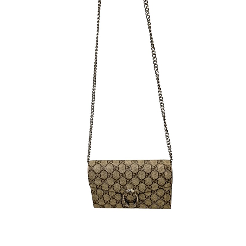Gucci Dionysus Supreme Wallet On a Chain<br />
<br />
Style Code:401231.493075<br />
<br />
Dimensions: 8 L x 5.5 H inches<br />
<br />
In excellent condition. Like New<br />
<br />
Comes  with the orignal dust bag or box..
