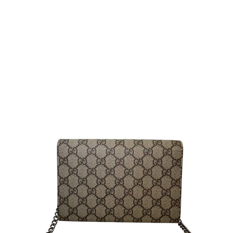 Gucci Dionysus Supreme Wallet On a Chain<br />
<br />
Style Code:401231.493075<br />
<br />
Dimensions: 8 L x 5.5 H inches<br />
<br />
In excellent condition. Like New<br />
<br />
Comes  with the orignal dust bag or box..