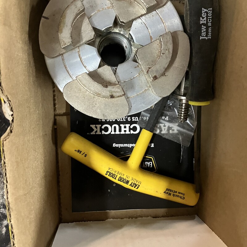 Woodturning Chuck, Easy Chuck #C1000
 Size: 4in

The new Easy Wood Tools (EWT) 4” Chuck with 1” x 8 TPI threads is the first ever patented quick change wood lathe 4 jaw chuck. The EWT Chuck included two important features that when combined contribute to effortless and lightning fast jaw changes: the Zoom Ring (ZR) and Snap Lock Technology (SLT). The Zoom Ring on the rear of the chuck gives you the ability to open and close the jaw quickly to various gripping diameters with the just your fingertips. Use the Zoom Ring (ZR) to bring the jaws into position to lightly grab your project then use the supplied T-handle Chuck Key for final tightening. Easy Jaw Snap Lock Technology (SLT) allows you to change the set of 4 jaws to the next set in less than 30 seconds. SLT uses no screws or wrenches to exchange jaws. Simply use the supplied Jaw Key to depress a keeper latch in the jaw and then effortlessly slide each jaw out. You then slide the next jaw type in place until you hear the cool sounding “SNAP”. No more fumbling with set screws or worrying installing jaws in the proper order. This gets you back to turning quickly with the jaws you need to securely hold onto any project. A wide variety of accessory jaws are sold separately and allow you use the Easy Chuck for a wide variety of project applications. Easy Chuck Includes: 1 3/8” Easy Dovetail Jaws for gripping 1 3/8” tenons with overall expansion of 2” Chuck Key - 5/16\" Hex T-Handle Jaw Key - 1/8\" Hex Ball Driver Spindle Washer to allow easy removal of chuck from the lathe Spare Hub Set Screws Spare Master Jaw Springs Owner's manual
