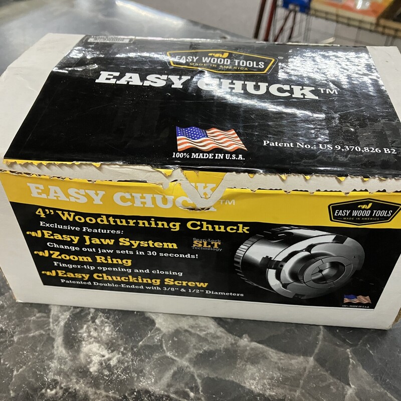Woodturning Chuck, Easy Chuck #C1000
 Size: 4in

The new Easy Wood Tools (EWT) 4” Chuck with 1” x 8 TPI threads is the first ever patented quick change wood lathe 4 jaw chuck. The EWT Chuck included two important features that when combined contribute to effortless and lightning fast jaw changes: the Zoom Ring (ZR) and Snap Lock Technology (SLT). The Zoom Ring on the rear of the chuck gives you the ability to open and close the jaw quickly to various gripping diameters with the just your fingertips. Use the Zoom Ring (ZR) to bring the jaws into position to lightly grab your project then use the supplied T-handle Chuck Key for final tightening. Easy Jaw Snap Lock Technology (SLT) allows you to change the set of 4 jaws to the next set in less than 30 seconds. SLT uses no screws or wrenches to exchange jaws. Simply use the supplied Jaw Key to depress a keeper latch in the jaw and then effortlessly slide each jaw out. You then slide the next jaw type in place until you hear the cool sounding “SNAP”. No more fumbling with set screws or worrying installing jaws in the proper order. This gets you back to turning quickly with the jaws you need to securely hold onto any project. A wide variety of accessory jaws are sold separately and allow you use the Easy Chuck for a wide variety of project applications. Easy Chuck Includes: 1 3/8” Easy Dovetail Jaws for gripping 1 3/8” tenons with overall expansion of 2” Chuck Key - 5/16\" Hex T-Handle Jaw Key - 1/8\" Hex Ball Driver Spindle Washer to allow easy removal of chuck from the lathe Spare Hub Set Screws Spare Master Jaw Springs Owner's manual