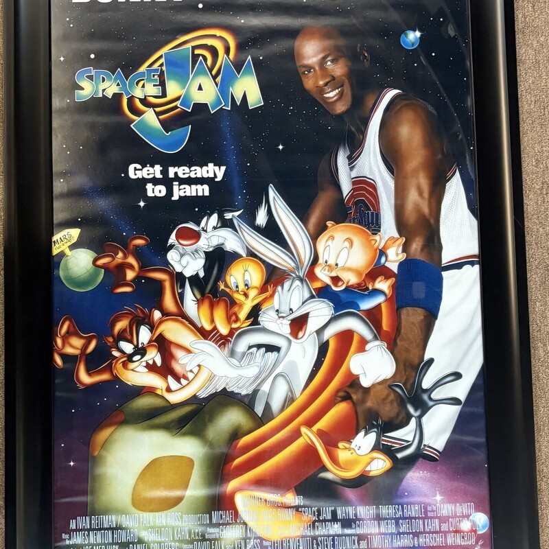 Space Jam Michael Jordan Movie Poster
Black White Orange in Black Frame
Size: 29x40.5H