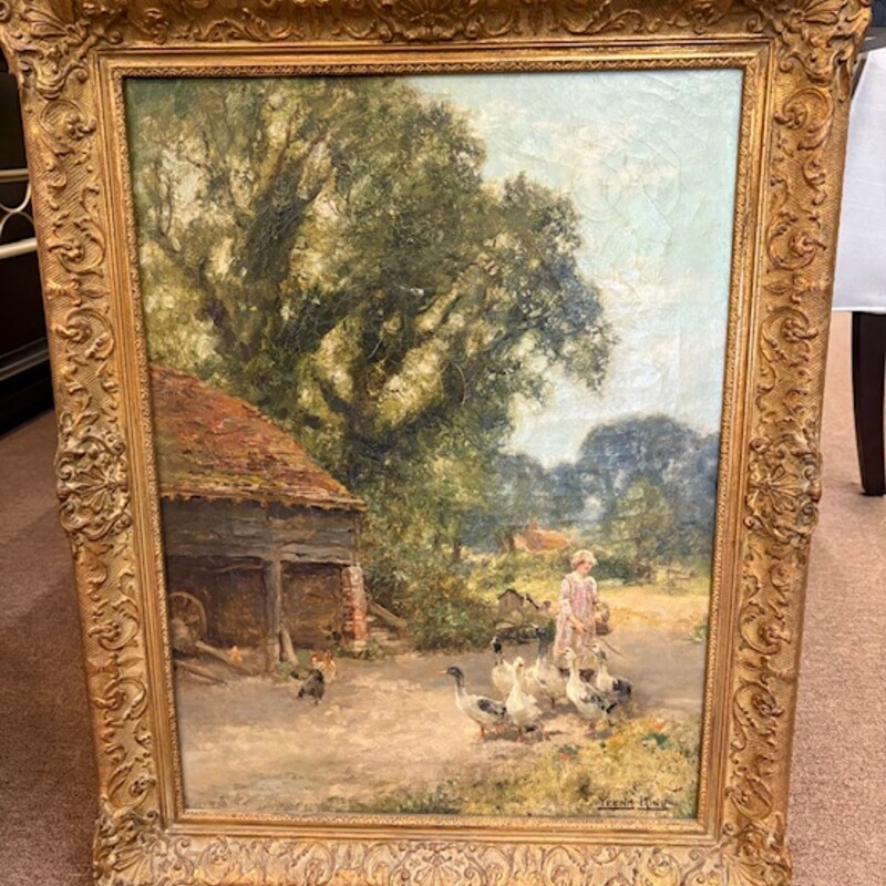 Yeend King Vintage Farm Life Oil Painting
Green Tan Blue Oil in Gold Ornate Frame
Size: 24x30H
Henry John Yeend King (1855-1924) was a British Victorian artist known for his genre paintings and landscapes, particularly featuring scenes of rural English life and young women in the countryside.
He is remembered as an important late-Victorian artist whose work captured the charm and serenity of rustic English life with a distinctive style that balanced Impressionist influences with a commitment to realism