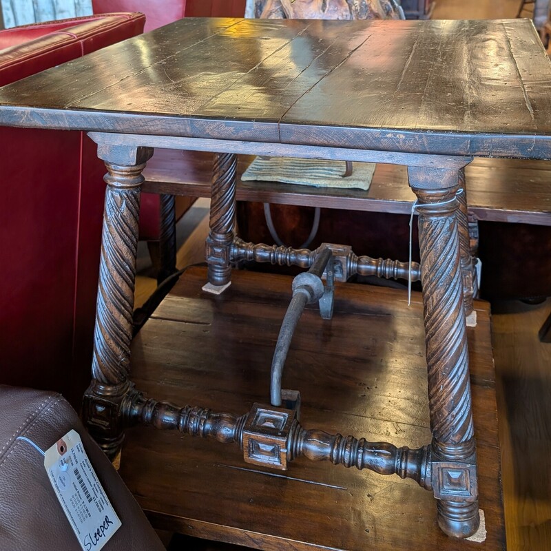 Distressed Wood Side, Iron Accents, Dark Stain
27 x 27 x 34h