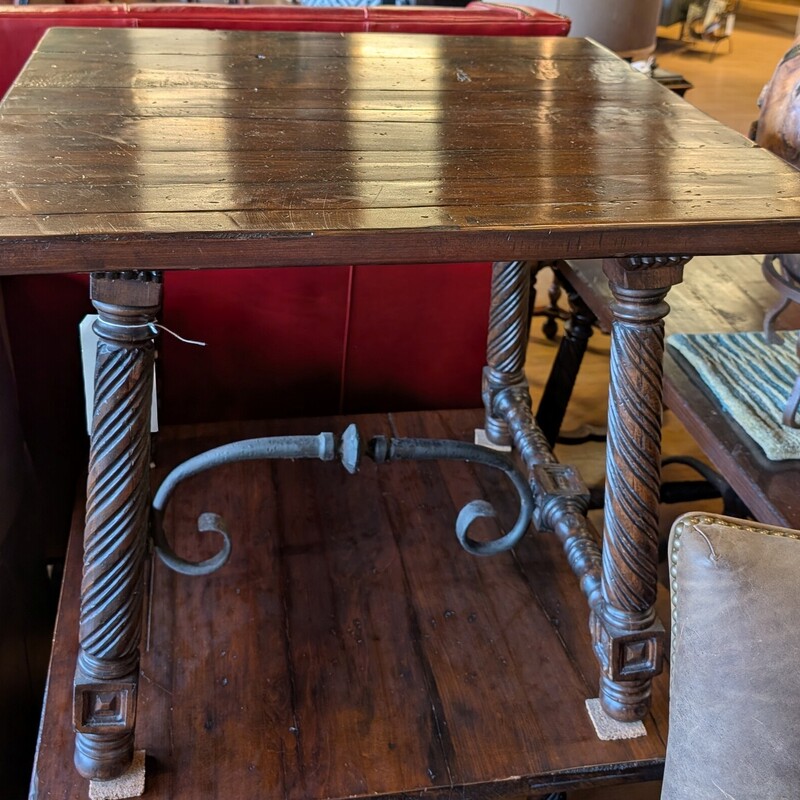 Distressed Wood Side, Iron Accents, Dark Stain
27 x 27 x 34h
