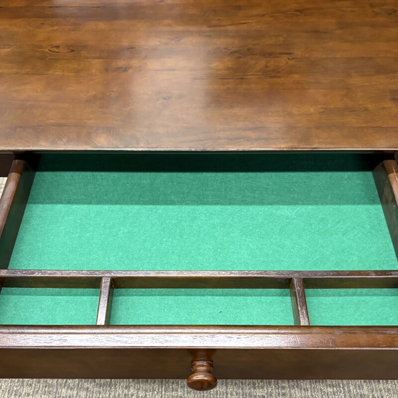 Wood Writing Desk<br />
Dark Brown Wood<br />
Green Felt Lined Divided Drawer<br />
Size: 48x24x29H<br />
Matching Desk Sold Separately
