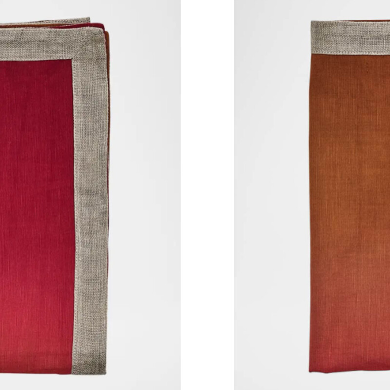 3 Kim Seybert Dip Dye Napkins
Cranberry Orange
Size: 21/4pc
Dip dyed linen napkin with contrast border.
Variations in density and depth of color are to be expected.Decorative dip-dye napkin features an ombré gradation.Hand wash or machine was on delicate cycle separately with mild detergent, machine dry low and remove promptly, steam iron while damp on reverse side. Do not bleach.
NEW Retail $135
