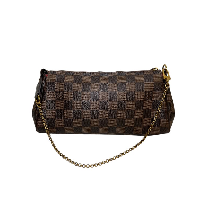 Louis Vuitton Eva Damier Ebene<br />
<br />
Date Code: MB0136<br />
<br />
Dimensions:<br />
Base length: 10.25 in<br />
Height: 5 in<br />
Width: 2 in<br />
Drop: 8.25 in<br />
<br />
In good condition. Scratches to the hardware. Missing the long leather straps.<br />
<br />
Does not come with the original dust bag or box.