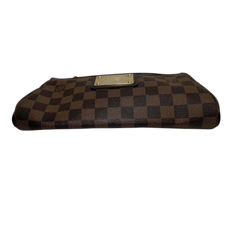 Louis Vuitton Eva Damier Ebene<br />
<br />
Date Code: MB0136<br />
<br />
Dimensions:<br />
Base length: 10.25 in<br />
Height: 5 in<br />
Width: 2 in<br />
Drop: 8.25 in<br />
<br />
In good condition. Scratches to the hardware. Missing the long leather straps.<br />
<br />
Does not come with the original dust bag or box.