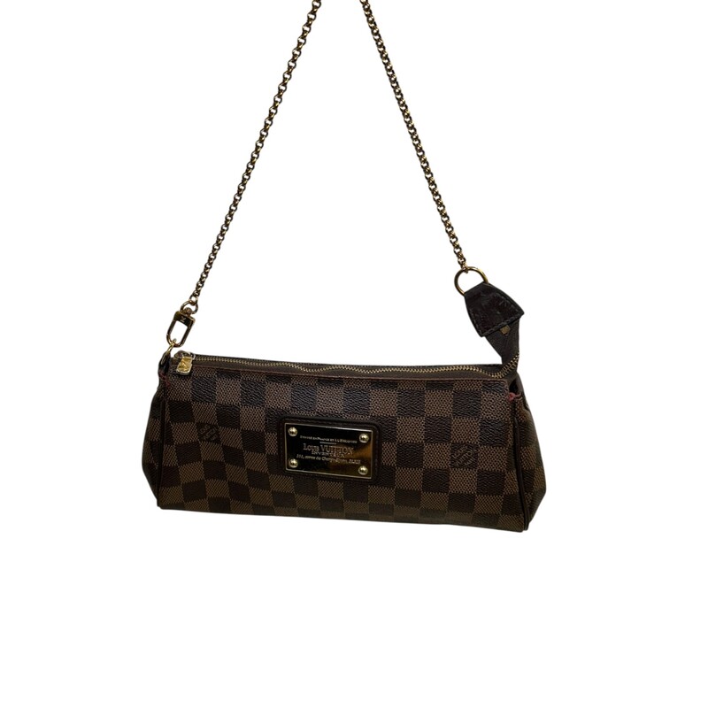 Louis Vuitton Eva Damier Ebene<br />
<br />
Date Code: MB0136<br />
<br />
Dimensions:<br />
Base length: 10.25 in<br />
Height: 5 in<br />
Width: 2 in<br />
Drop: 8.25 in<br />
<br />
In good condition. Scratches to the hardware. Missing the long leather straps.<br />
<br />
Does not come with the original dust bag or box.
