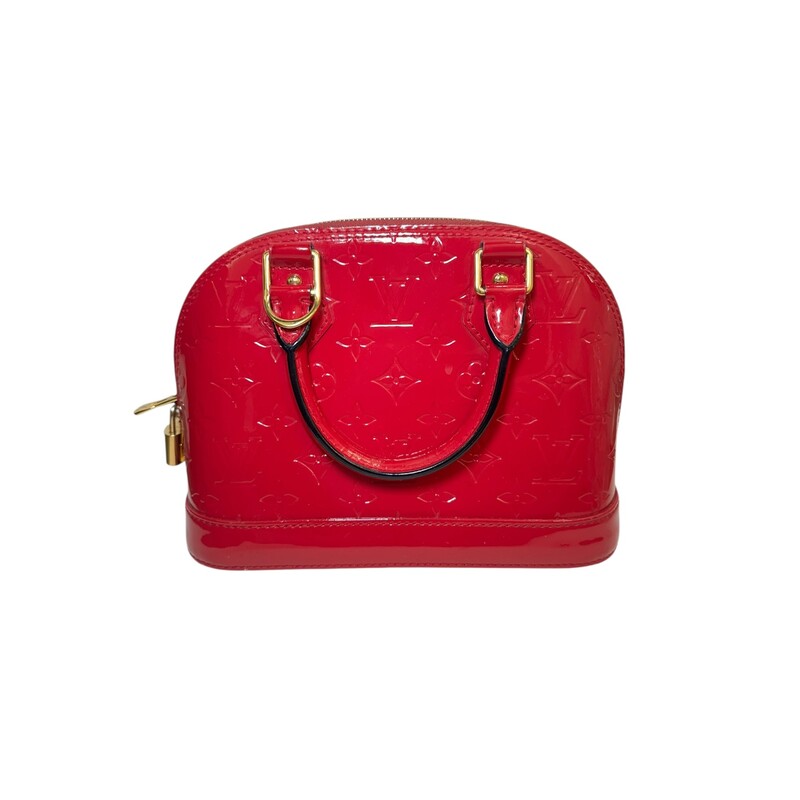 Louis Vuitton Alma BB Fuchsia Pink Vernis<br />
<br />
Date Code:<br />
SD4103<br />
<br />
Dimensions:<br />
9W x 7H x 4.5D<br />
4 handle drop<br />
22 strap drop<br />
<br />
In very good condition. Major stain in the interior side of bag. Comes with the lock and keys.<br />
<br />
Does not come with the original dust bag or box.