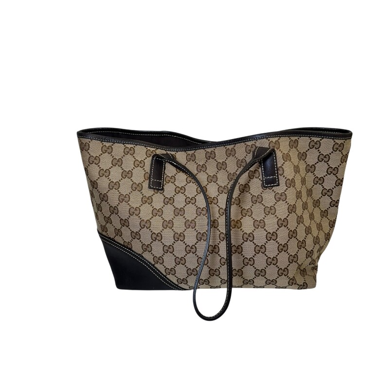Gucci New Britt Canvas Tote Monogram Medium<br />
<br />
Code 169946 502752<br />
<br />
Dimensions:<br />
Base length: 10.75 in<br />
Width: 5.00 in<br />
Height: 9.00 in<br />
Drop: 7.75 in<br />
<br />
In very good condition. Light wear to the corners.<br />
<br />
Does not come with the original dust bag or box.