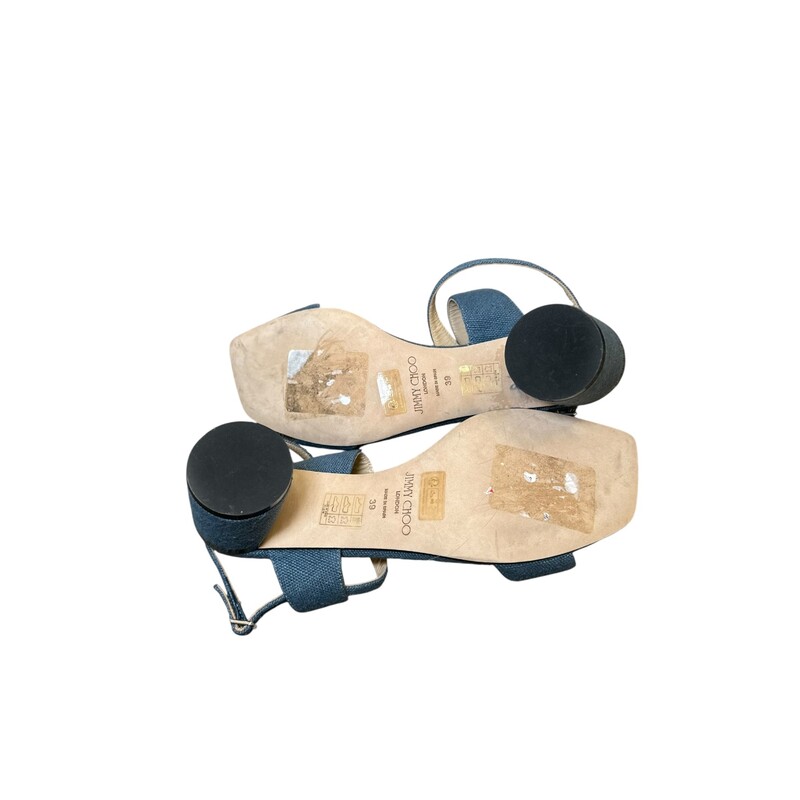 Jimmy Choo Jago Denim Sandals<br />
<br />
Size: 39<br />
<br />
In very good condition. Light marks on the bottoms of the shoes.<br />
<br />
Does not come with the original dust bag or box.