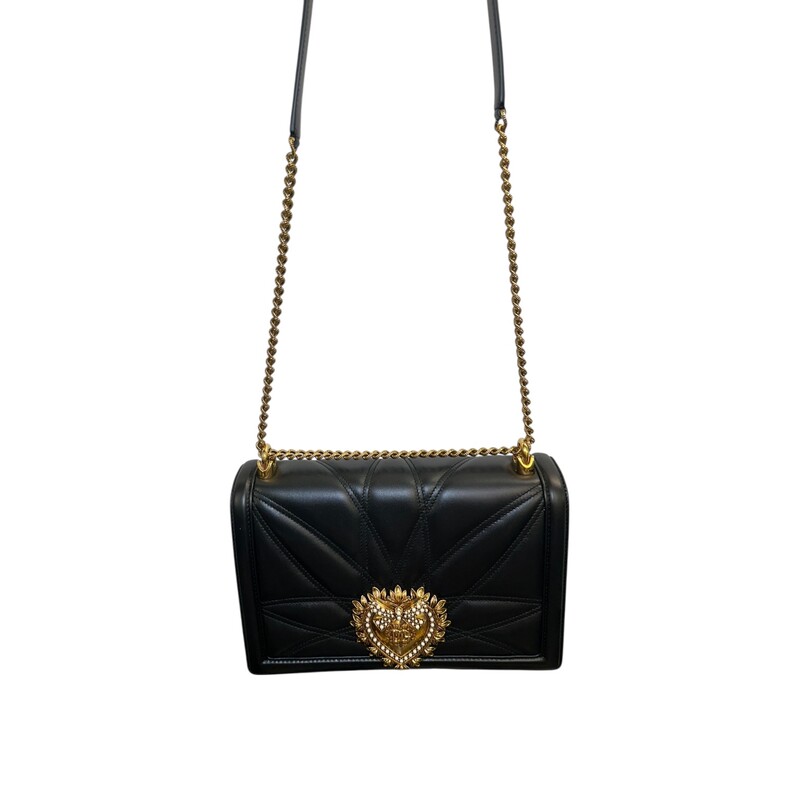 Dolce & Gabbana Devotion Lambskin Crossbody<br />
<br />
Dimensions:5.7H x 8.3 W x 1.2 D inches<br />
<br />
In excellent condition. Very faint scratching on the hardware.<br />
<br />
Comes with the original dust bag and box.