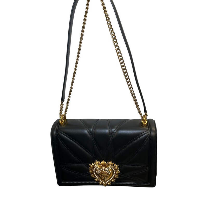 Dolce & Gabbana Devotion Lambskin Crossbody<br />
<br />
Dimensions:5.7H x 8.3 W x 1.2 D inches<br />
<br />
In excellent condition. Very faint scratching on the hardware.<br />
<br />
Comes with the original dust bag and box.