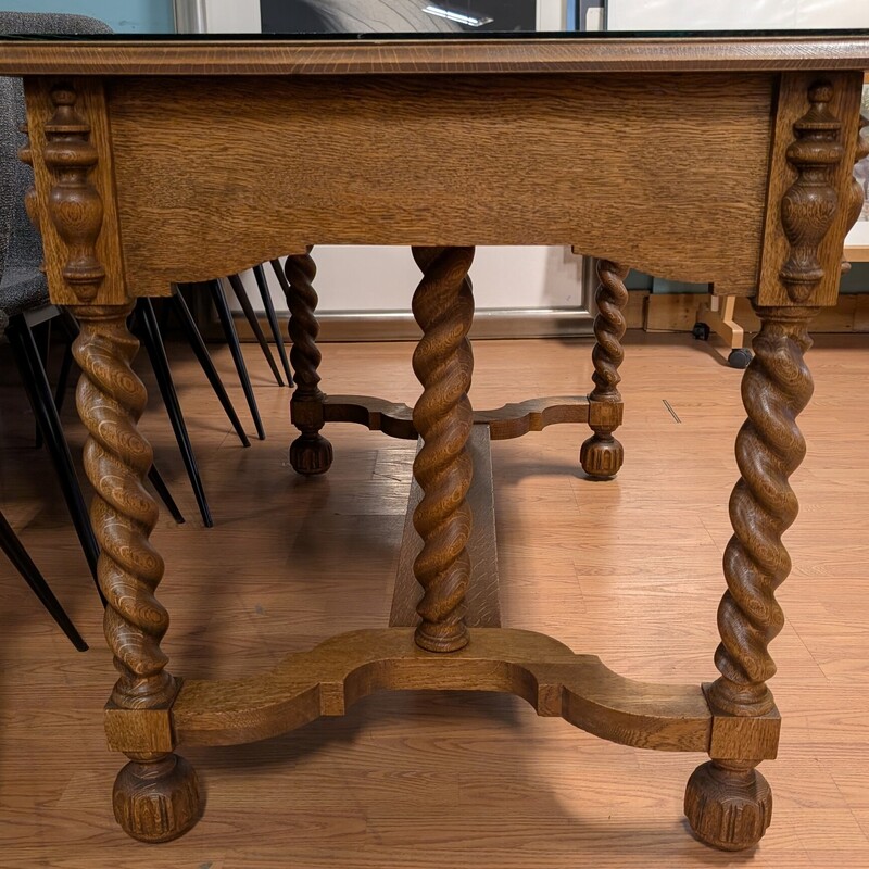 Library Desk/Table 1 Drawer, Oak, Turned Legs<br />
Glass Top<br />
48w x 28d x 30h