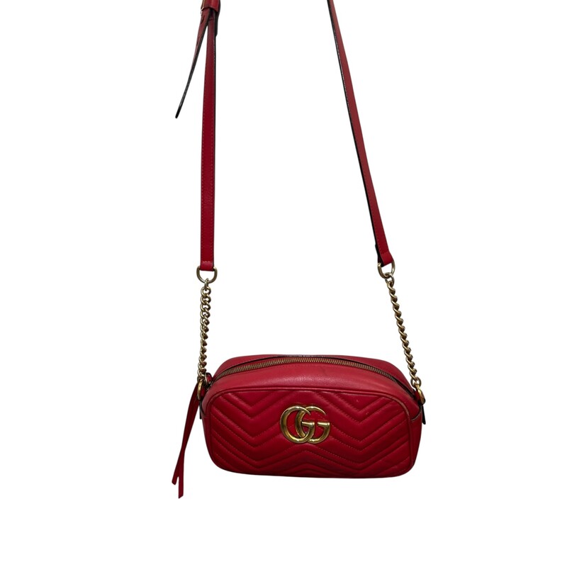 Gucci Marmont Camera Small Handbag<br />
<br />
Code: 447632 204991<br />
<br />
Dimensions:<br />
9.5W x 5H x 3D<br />
<br />
In fair condition. Major staining to the interior. Major scratching to the hardware.<br />
<br />
Does not come with the original dust bag or box.