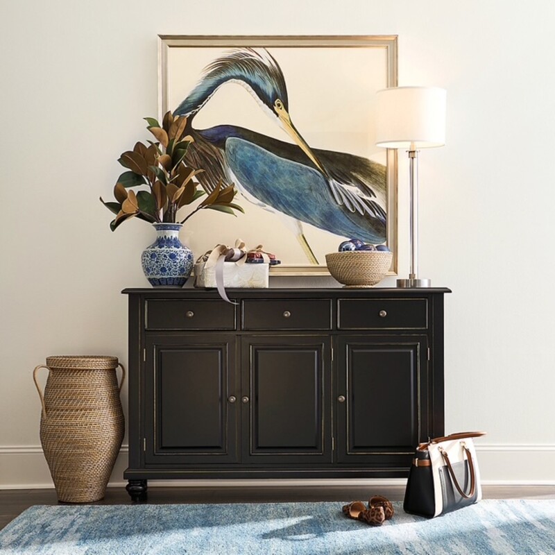 Wood 3 Door 3 Drawer Cabinet
Black Wood Silver Hardware
Size: 56x11x36H
Hard to find depth makes this a very versatile piece.