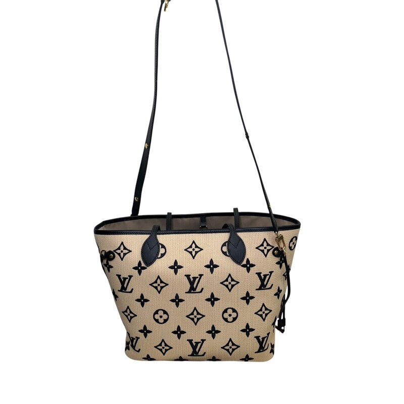 Louis Vuitton By The Pool Raffia Neverfull Tote with Pouch<br />
<br />
Date Code:Microchip<br />
<br />
Dimensions:12.5W x 10.5H x 6.5D<br />
7.5 handle drop<br />
<br />
In very good condition.Marks in interior  scratches on hardware.<br />
<br />
Comes with the original dust bag and box.
