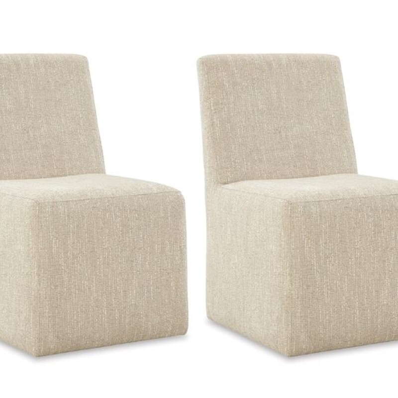Set of 2 Mylarken Armless Rolling Upholstered Dining Chairs<br />
Beige Size: 21 x 22 x 36H<br />
Retails: $450 for 2<br />
Take a traditional approach to dining room aesthetics. The Mylarken upholstered dining chair ushers upscale comfort into your space, with meticulous details like casters for easy mobility. All-over neutral upholstery brings cozy versatility to the sculptural silhouette. Grand in both beauty and function, this transitional chair is a masterclass in refinement.<br />
Made with engineered wood frames and solid wood blocking<br />
Polyester upholstery<br />
Foam cushion<br />
Casters for easy mobility