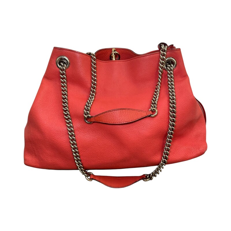Gucci Soho Coral Tote Medium<br />
<br />
Code: 308982 001988<br />
<br />
Dimensions:<br />
14.5W x 10.5H x 5D<br />
10 handle drop<br />
18.5 strap drop<br />
<br />
In good condition. Significant corner wear. Some interior wear.<br />
<br />
Does not come with the original dust bag or box.