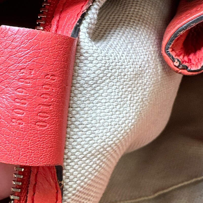 Gucci Soho Coral Tote Medium<br />
<br />
Code: 308982 001988<br />
<br />
Dimensions:<br />
14.5W x 10.5H x 5D<br />
10 handle drop<br />
18.5 strap drop<br />
<br />
In good condition. Significant corner wear. Some interior wear.<br />
<br />
Does not come with the original dust bag or box.