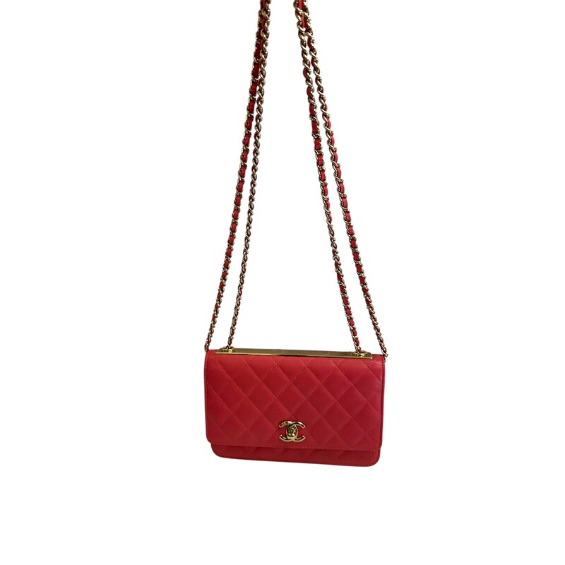 Chanel Trendy CC Wallet on Chain Coral<br />
<br />
Code: 2428****<br />
<br />
Dimensions:<br />
Base length: 7.5 in<br />
Height: 4.75 in<br />
Width: 1.75 in<br />
Drop: 25 in<br />
<br />
In very good condition. Light imprinting to the back of the leather from the chain.<br />
<br />
Comes with the original dust bag. Nox box.