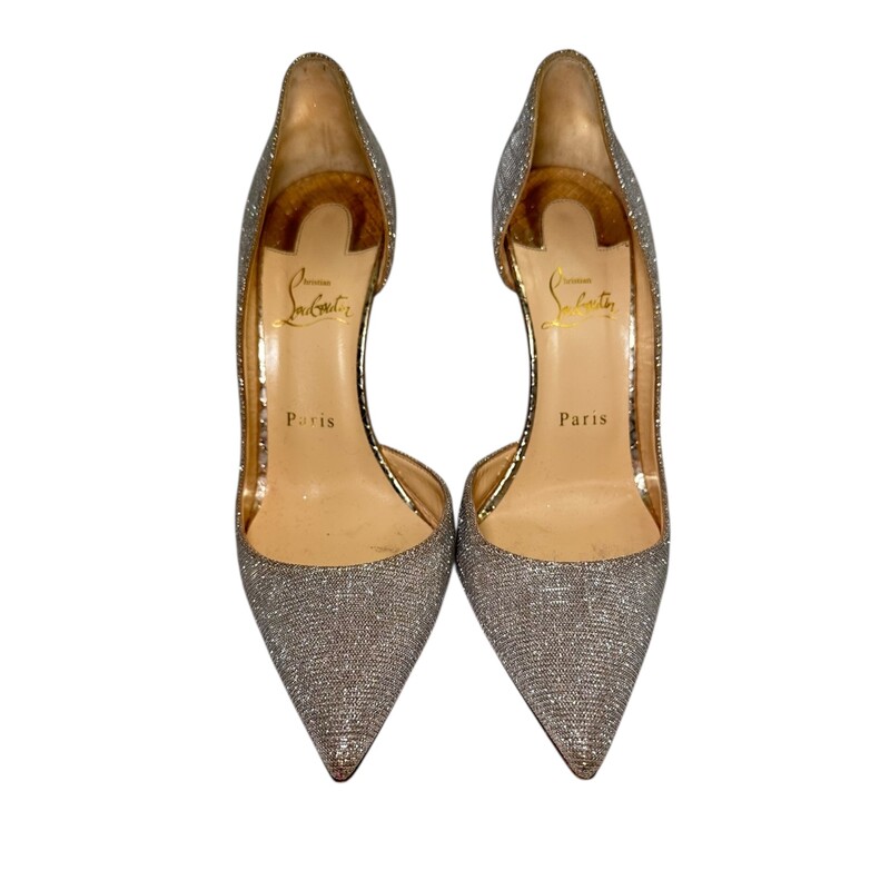 Christian Louboutin Iriza D Orsay Glitter Finish Pumps<br />
<br />
Size 39.5<br />
<br />
In very good condition. Some wear on bottoms.<br />
<br />
Comes with the original dust bag and box.
