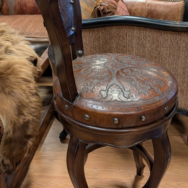 Tooled Leather Barstool, Brown, Swivel<br />
224w  18d x 45h<br />
SH 30inches