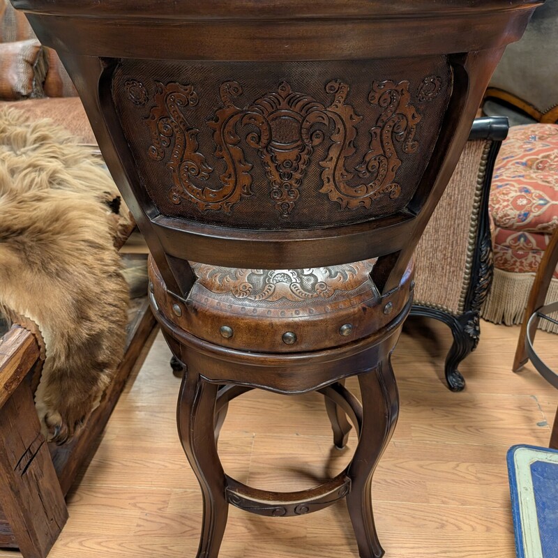 Tooled Leather Barstool, Brown, Swivel<br />
224w  18d x 45h<br />
SH 30inches