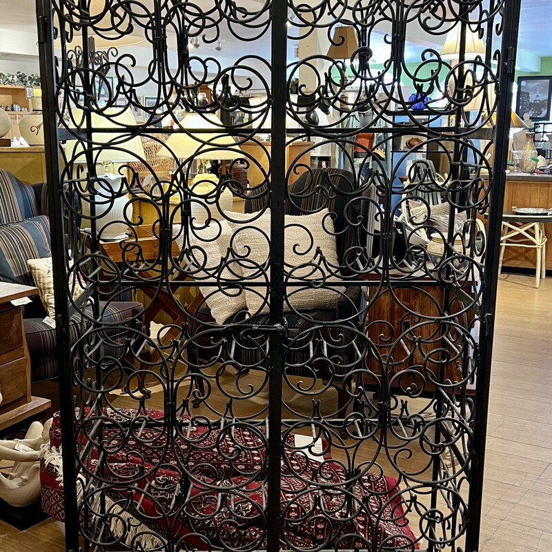 Vintage Iron Wine Rack, with 2 Ornate Doors, holds 64 Bottles,
Size: 36x16x77