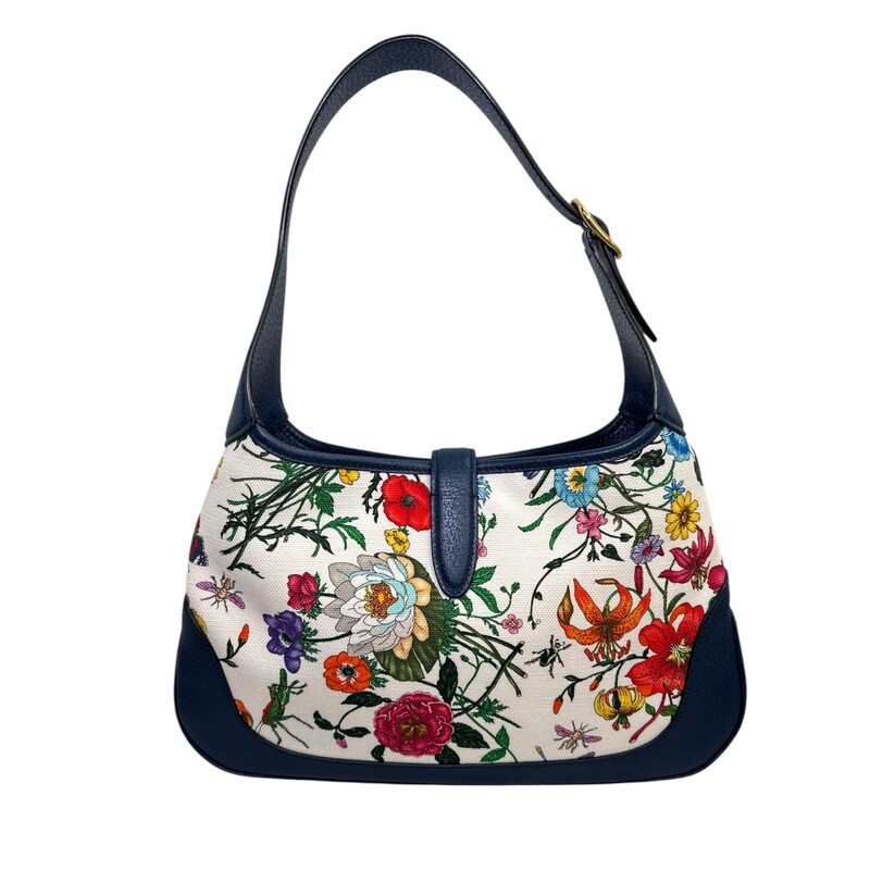 Gucci Flora Jackie Blue Shoulder Bag<br />
<br />
Style Code:550152 213317<br />
<br />
Dimensions: 13 L x 8 H inches<br />
<br />
In very good condition. Some interior marks.<br />
<br />
Comes with the original dust bag. No box.