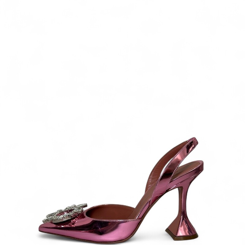 Amina Muaddi Pink Mirrored Begum Sling 70 slingback pumps

Size: 37

Good condition

scratch on front of right shoe

Wear to the bottoms

Does not come with original dust bag or box