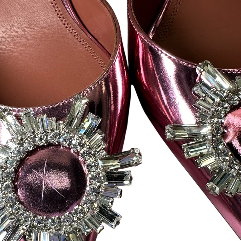 Amina Muaddi Pink Mirrored Begum Sling 70 slingback pumps

Size: 37

Good condition

scratch on front of right shoe

Wear to the bottoms

Does not come with original dust bag or box