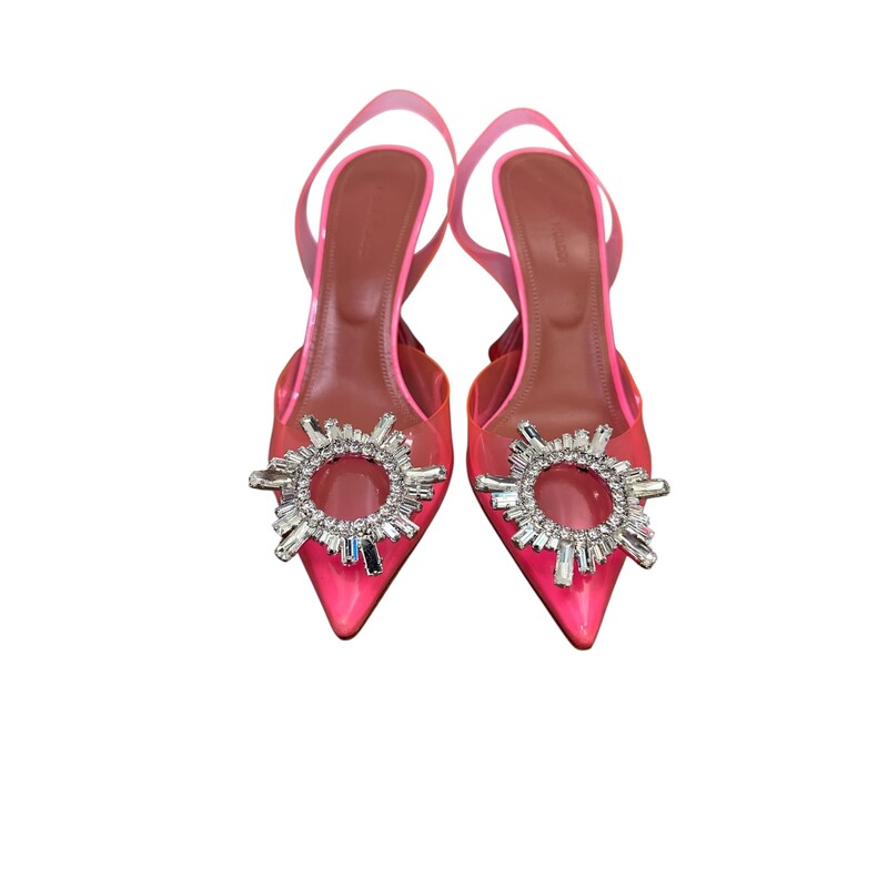 Amina Muaddi Pink Begum Heels<br />
<br />
Size: 37.5<br />
<br />
In very good condition. Marks on the bottoms of the shoes. Light marks on the pink<br />
<br />
Does not come with the original dust bag or box.
