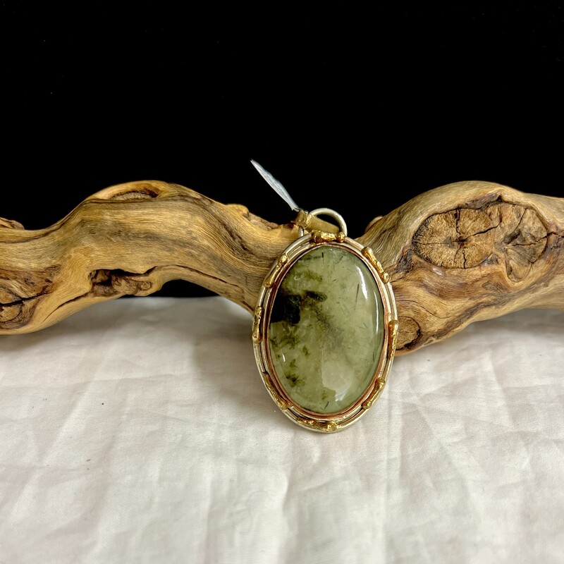 Brass/SIlver tone, prehnite (with tourmaline inclusions) pendant