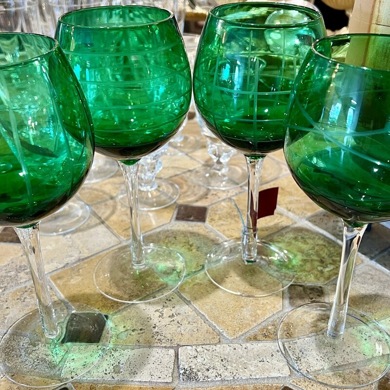 Glasses Goblet Etched, Green, Size: Set Of 4