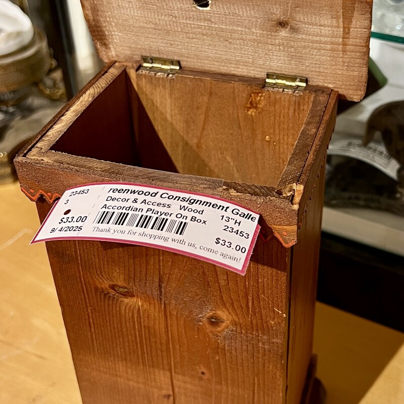 Lidded Box with Accordian Man, Wood,
 Size: 13H