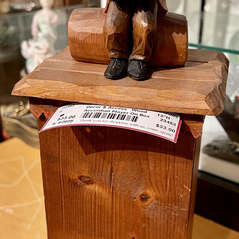 Lidded Box with Accordian Man, Wood,
 Size: 13H