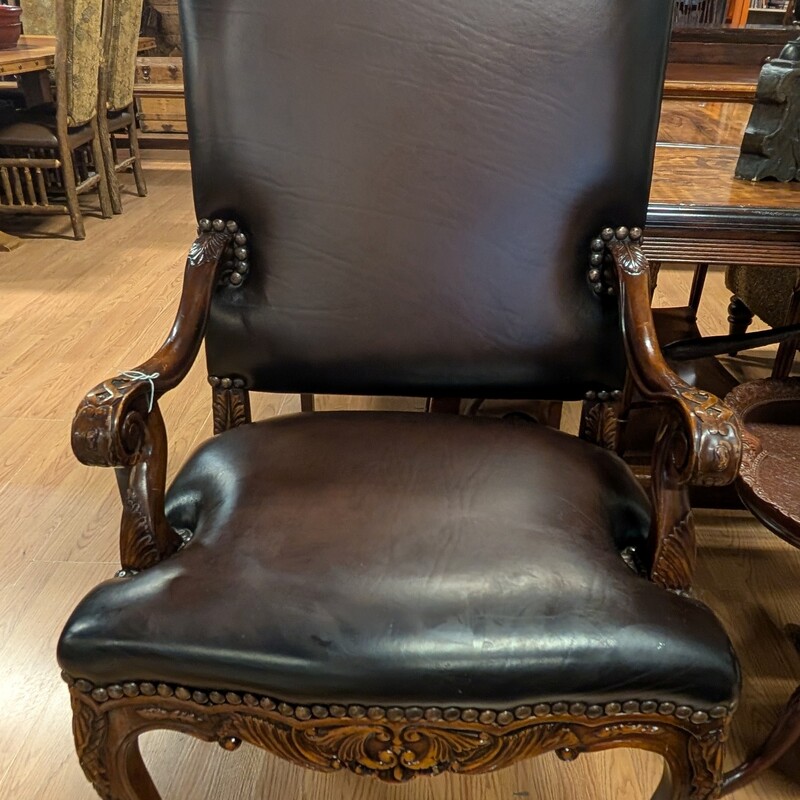 Carved Wood & Leather, Brown, Studs
24 x 21 x 45