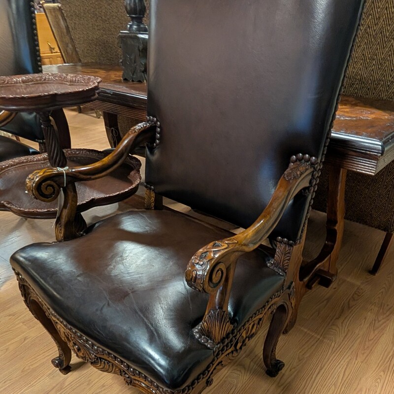 Carved Wood & Leather, Brown, Studs
24 x 21 x 45