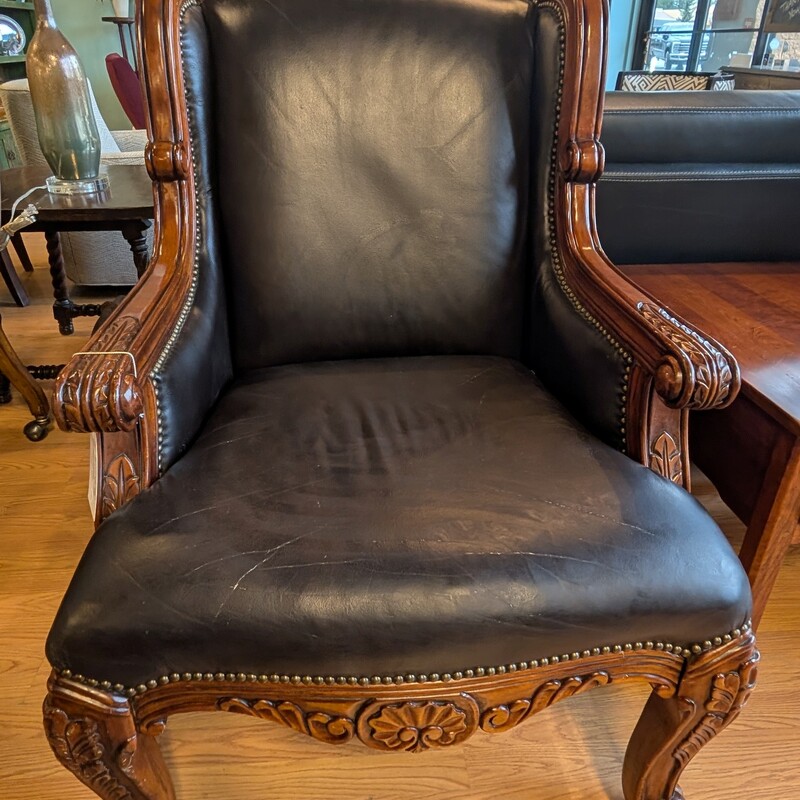 Carved Wood & Leather, Brown, Studs
31 x 32 x 46h