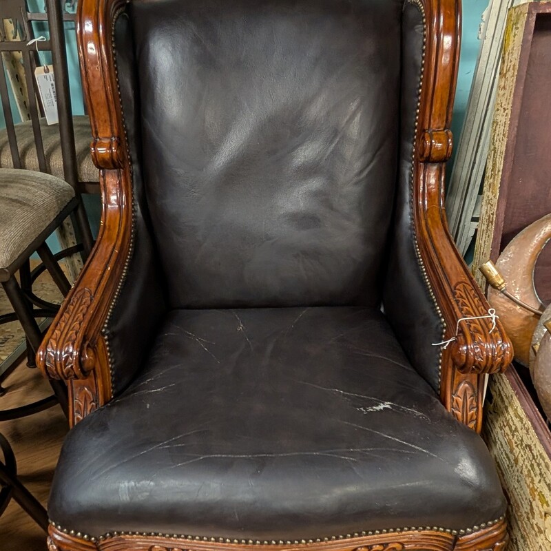 Carved Wood & Leather, Brown, Studs
AS  IS- Tear in Seat
31 x 32 x 46h