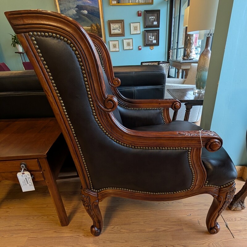 Carved Wood & Leather, Brown, Studs
AS  IS- Tear in Seat
31 x 32 x 46h