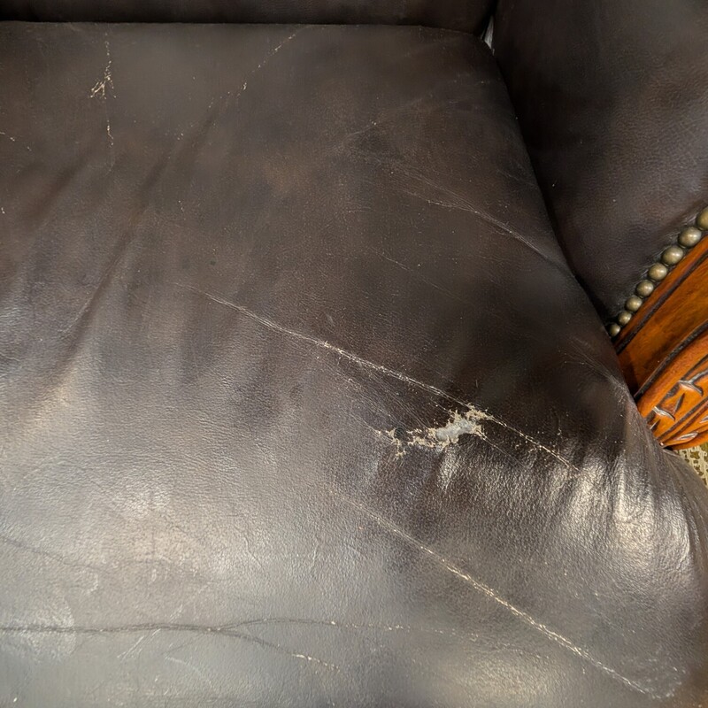 Carved Wood & Leather, Brown, Studs<br />
AS  IS- Tear in Seat<br />
31 x 32 x 46h