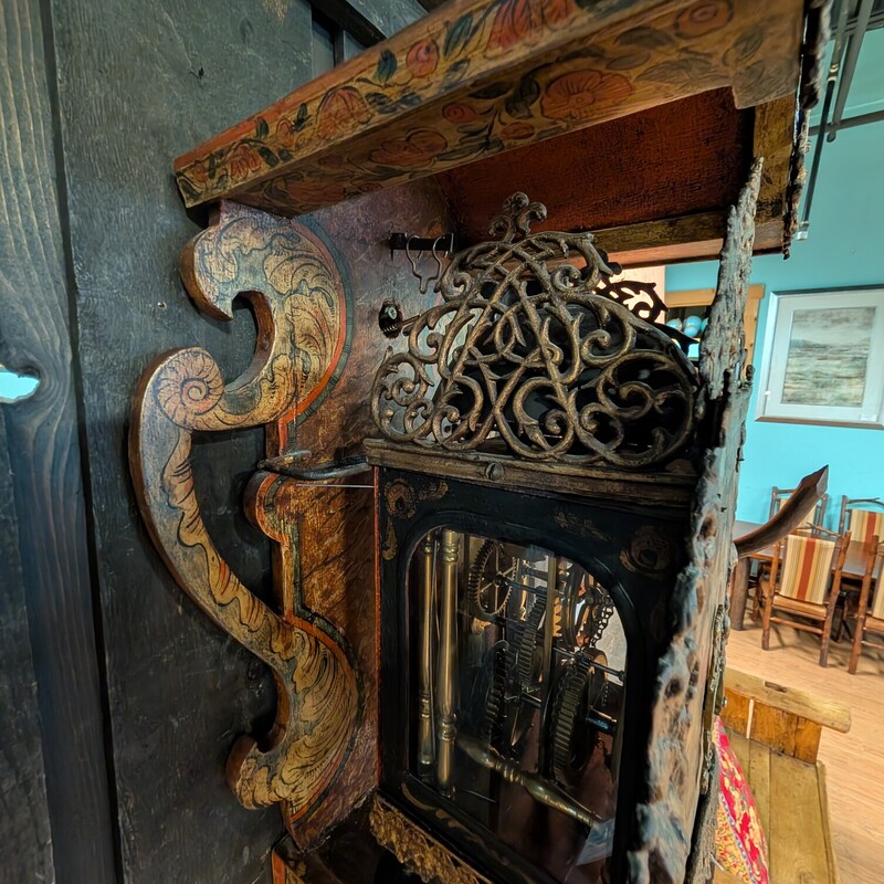 Danish Frisian Stocklok, 18th C, Handpainted<br />
Glass, Metal Accents<br />
12w x 10d x 28h<br />
Owner said it works, we have not tested.